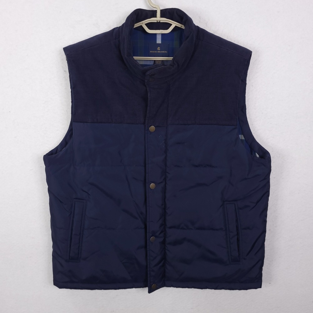 Brooks Brothers Puffer Vest Mens XXL Navy Blue Corduroy Yoke Plaid Lined Quilted